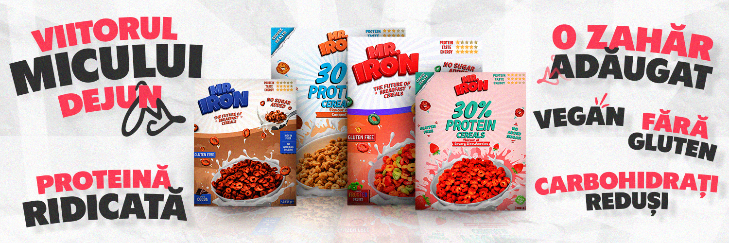 Banner publicitar pentru cerealele Mr. Iron, prezentând diferite variante de cereale cu 30% proteine, fără zahăr adăugat, vegane și fără gluten. Texte mari subliniază beneficiile produselor: Viitorul Micului Dejun, Proteină Ridicată, O Zahăr Adăugat, Vegan, Fără Gluten, Carbohidrați Reduși.